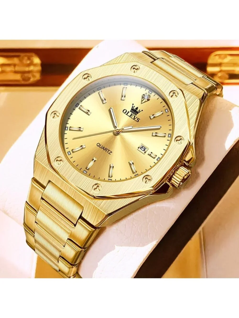 Men's Gold Luxury Stainless Steel Octagon Classic Analog Quartz Waterproof Watch
